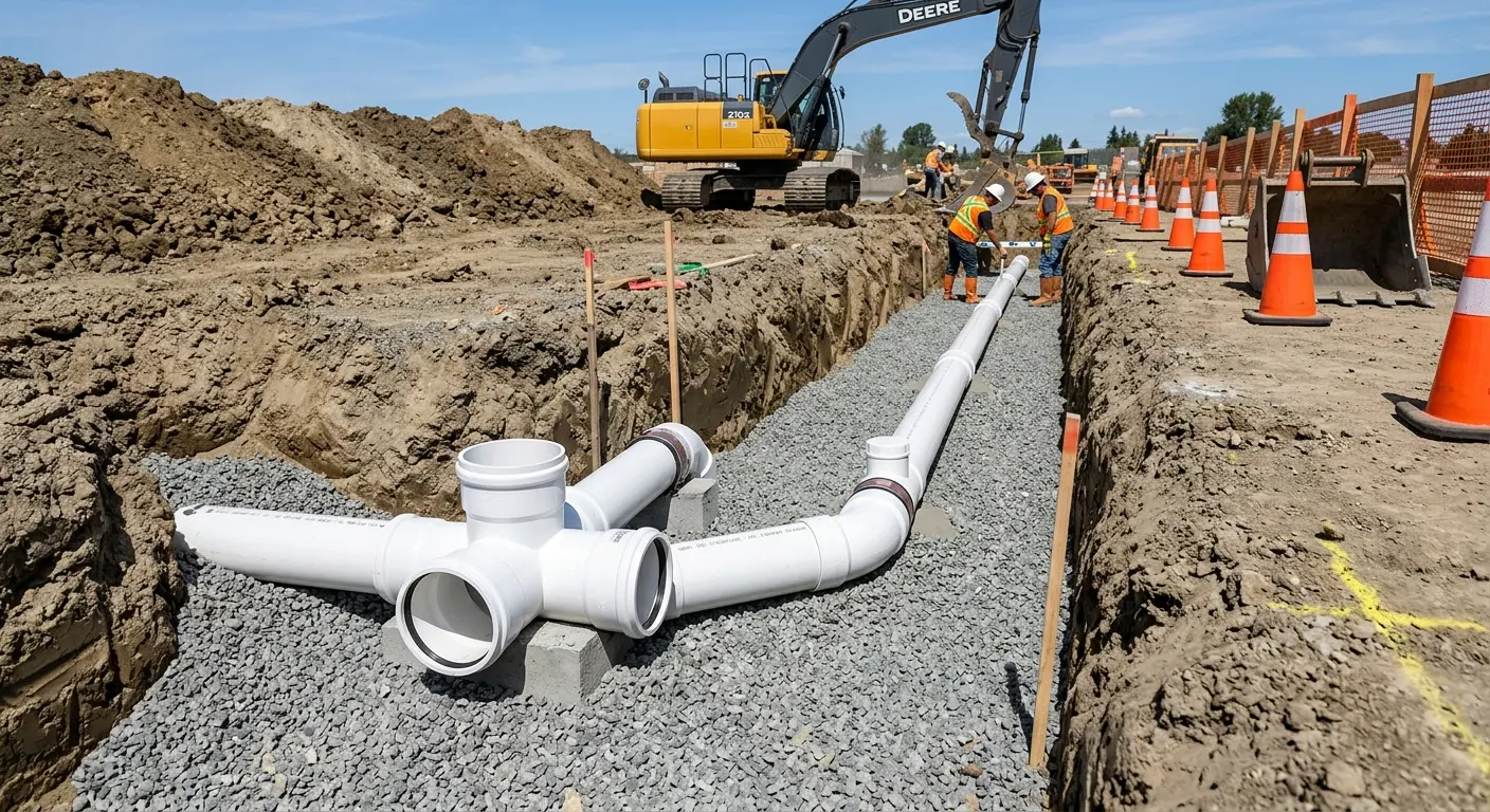 New PVC sewer pipe installation in open trench for Commercial Drain Cleaning in Louisville