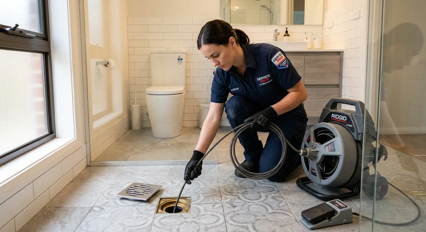 Technician clearing a bathroom floor drain for Clogged Drain Repair in Louisville